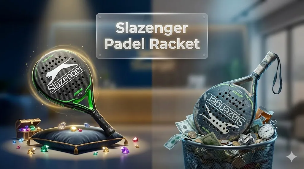 Slazenger padel racket review graphic featuring a split comparison with a pristine racket surrounded by gems on the left versus a broken racket in a trash bin on the right to illustrate the hidden gem or waste of money debate