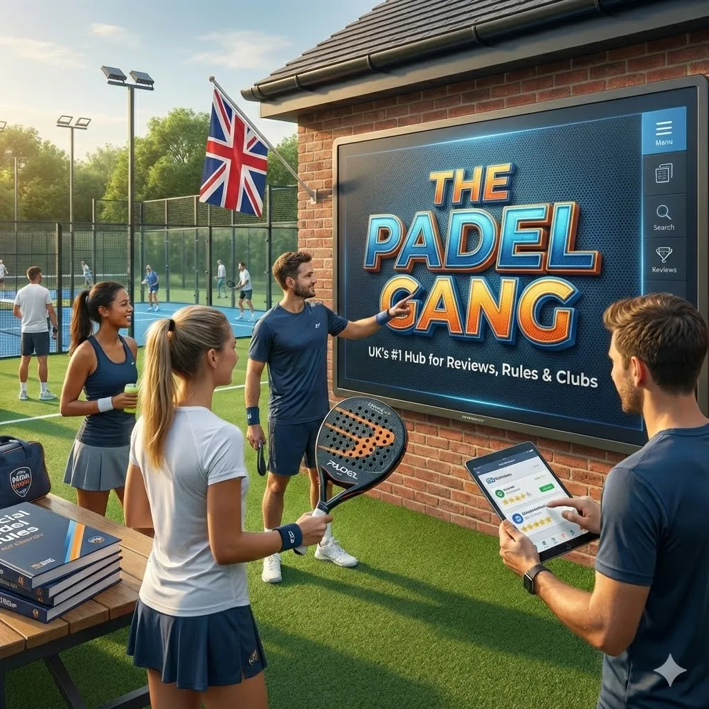 The Padel Gang official UK hub outdoor setting featuring a large screen displaying the blog logo, alongside players reviewing padel gear, official rule books, and local club guides near a British flag