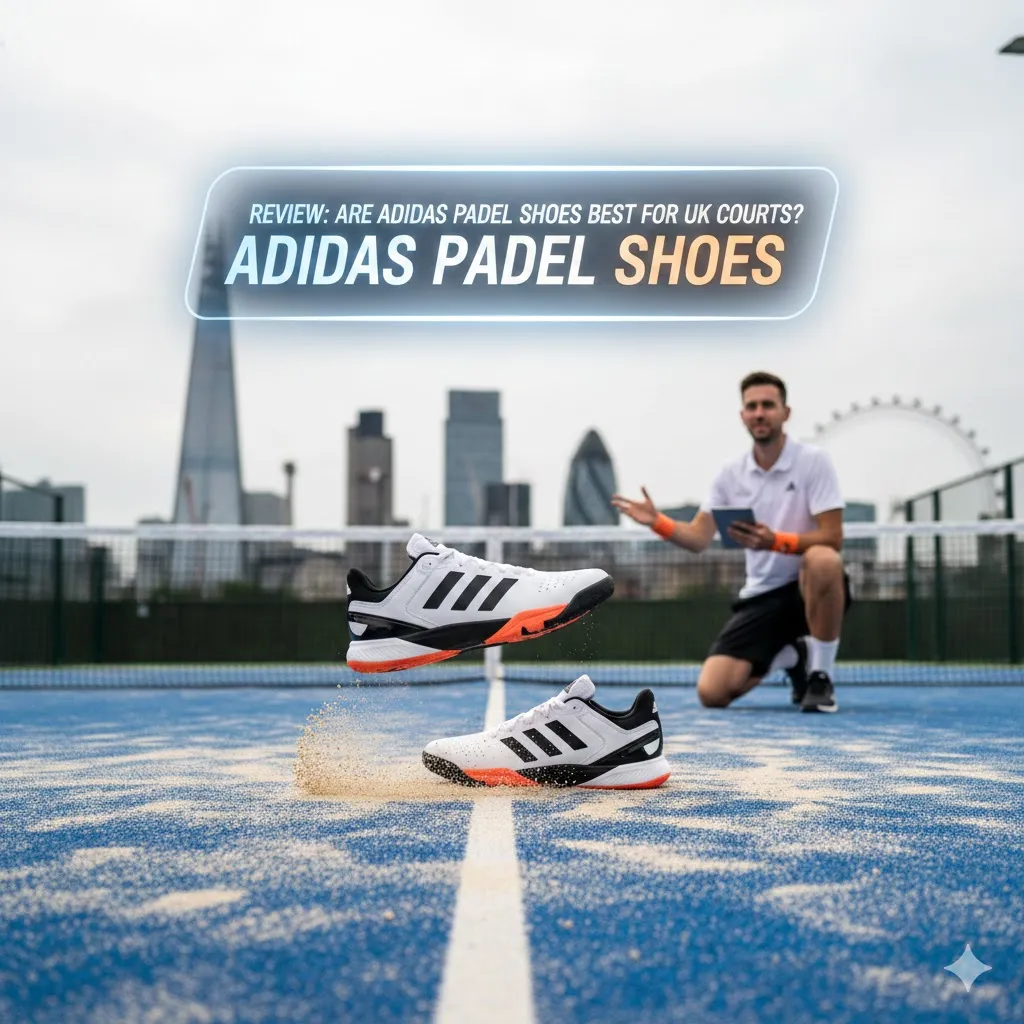 A pair of white and black Adidas padel shoes with orange detailing hovering over a blue sand-infilled court in London, featuring the London Eye in the background to showcase performance on UK padel circuits.