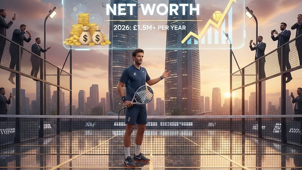Ale Galan net worth 2026 digital infographic showing his annual earnings of over £1.5M per year on a professional padel court with a luxury city skyline background.