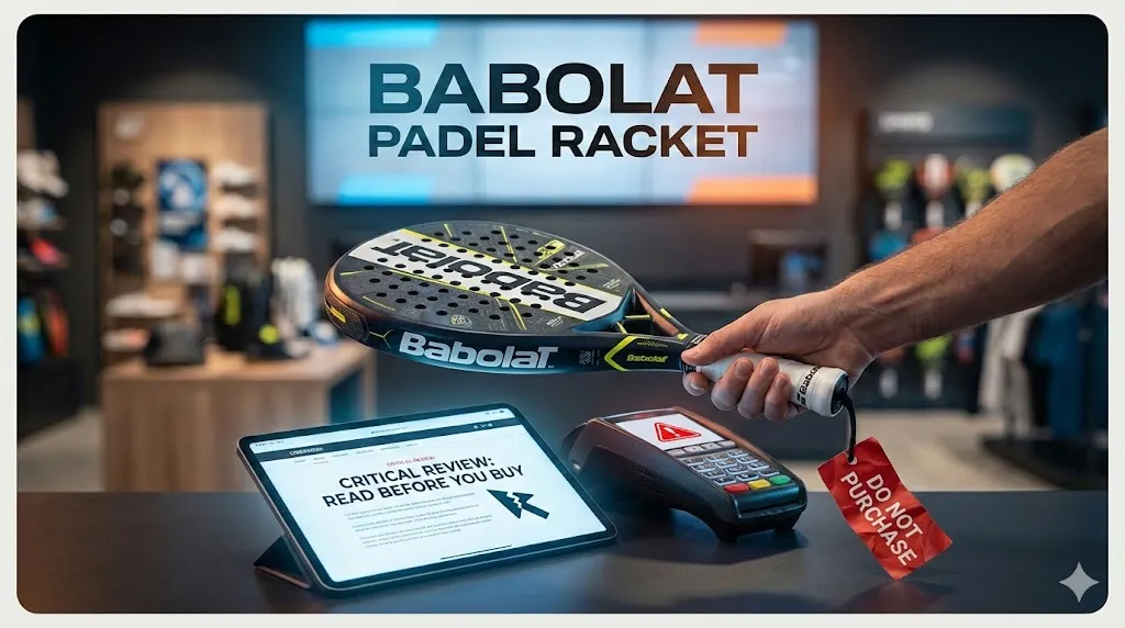 Close up of a player holding a Babolat padel racket next to a critical review warning on a tablet, illustrating the importance of choosing the right model before buying