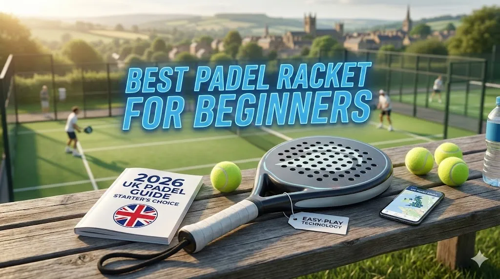 Round-shaped best padel racket for beginners resting on a wooden bench next to a 2026 UK guide book and padel balls on an outdoor court