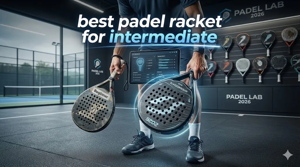 A padel player holding a worn-out beginner racket and a new high-tech 2026 model, illustrating the upgrade to the best padel racket for intermediate players