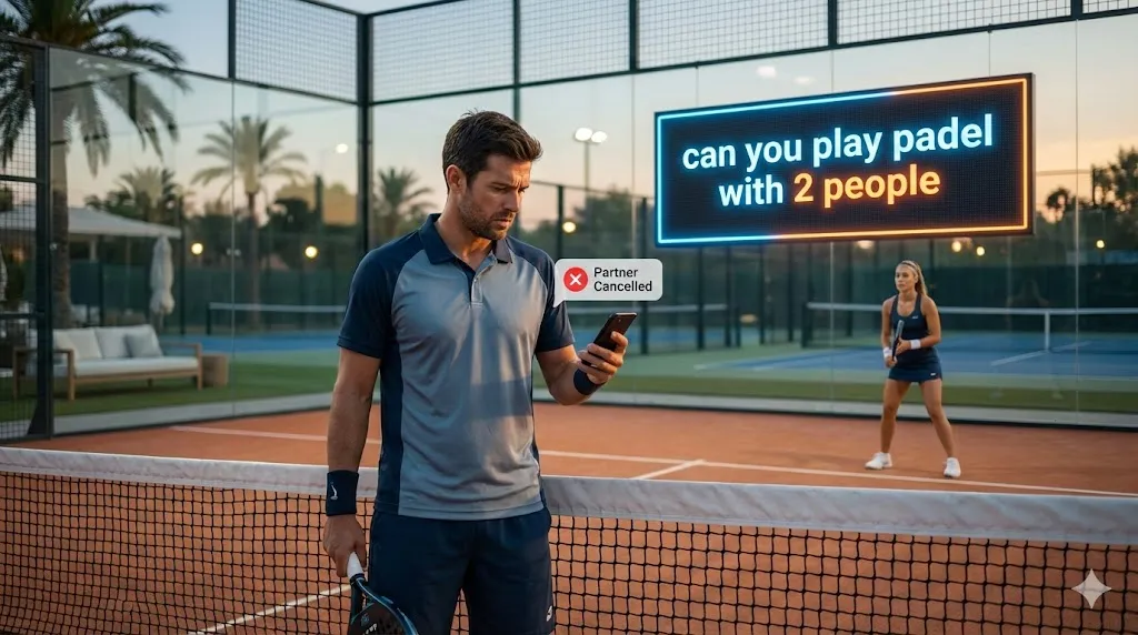 Man checking phone for partner cancellation notification on court illustrating the query can you play padel with 2 people