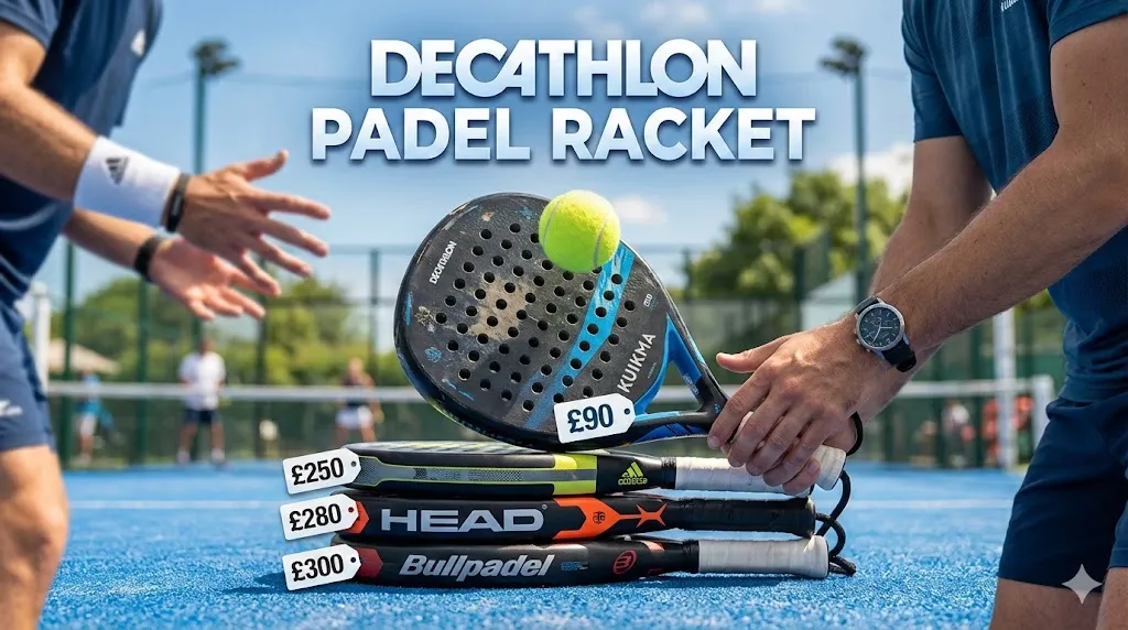 Comparison showing a blue Kuikma decathlon padel racket priced at £90 stacked above expensive models from Head and Bullpadel to illustrate value for money