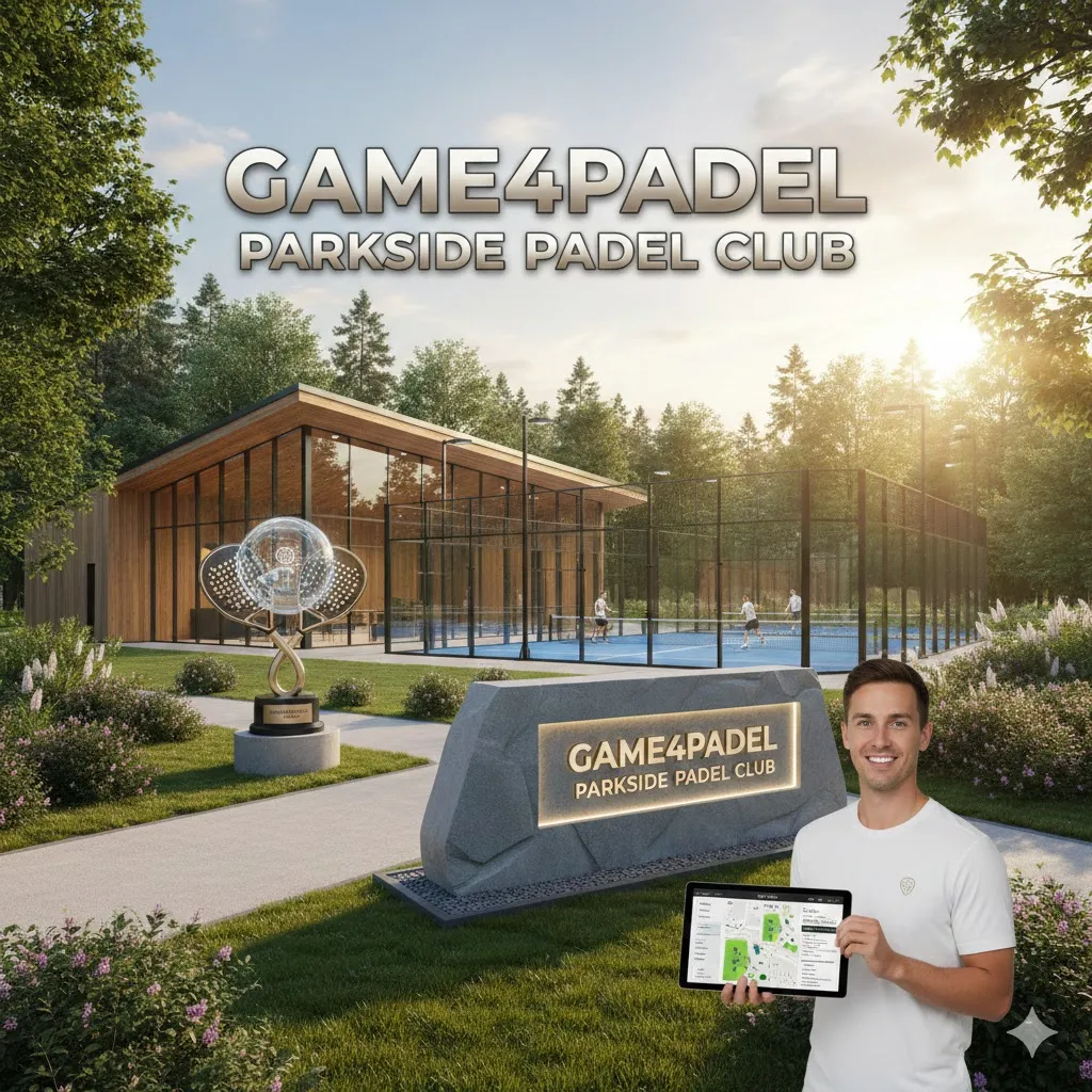 A bright and modern outdoor view of the game4padel parkside padel club featuring blue professional courts, a wooden clubhouse, and an information kiosk with a map for easy navigation.