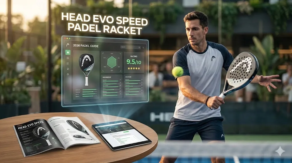 Head Evo Speed padel racket being reviewed on a padel court with performance data and ratings visible on a tablet and notebook for the 2026 model test.