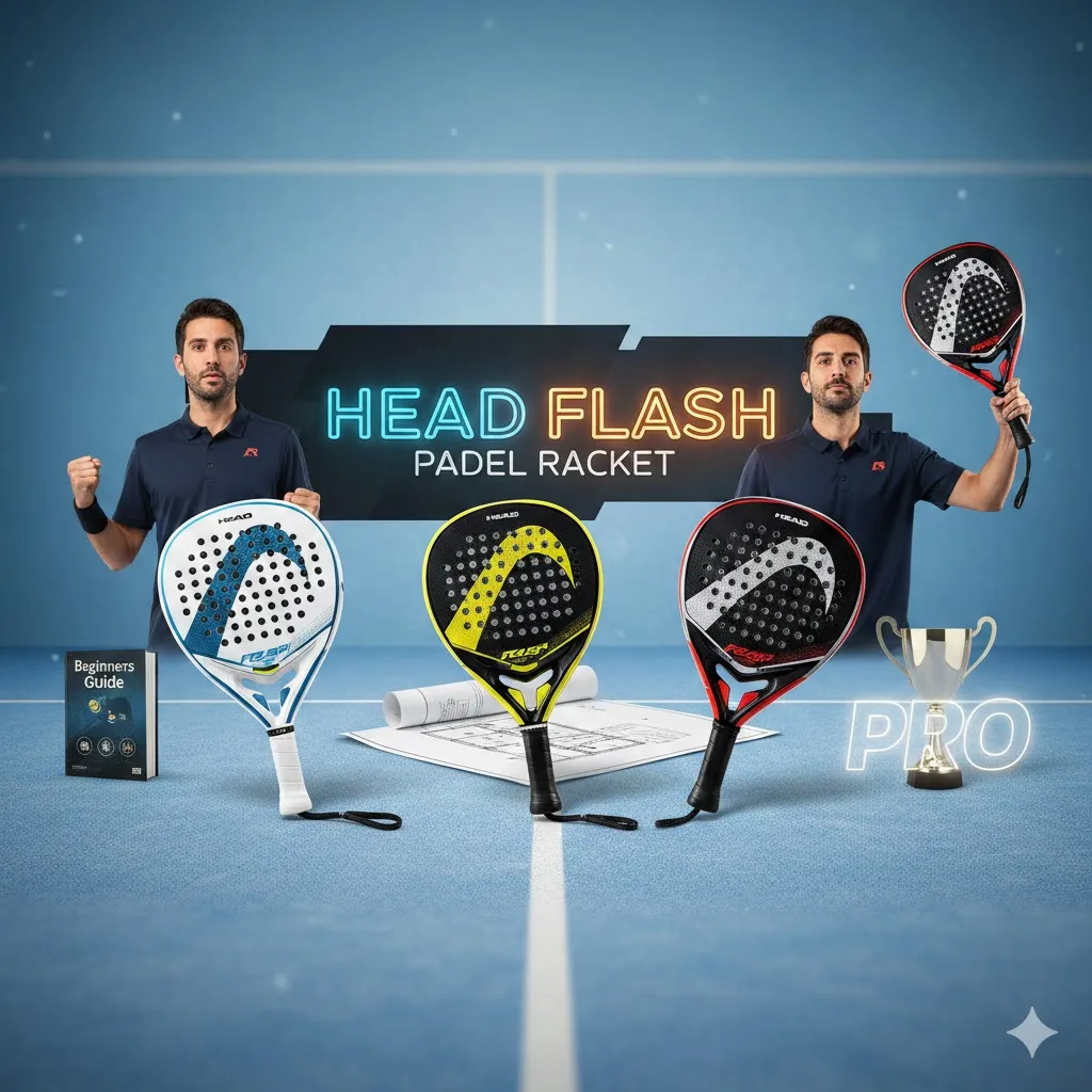 A comparison of the head flash padel racket series on a blue court, featuring models ranging from beginner to pro levels alongside players and a trophy.