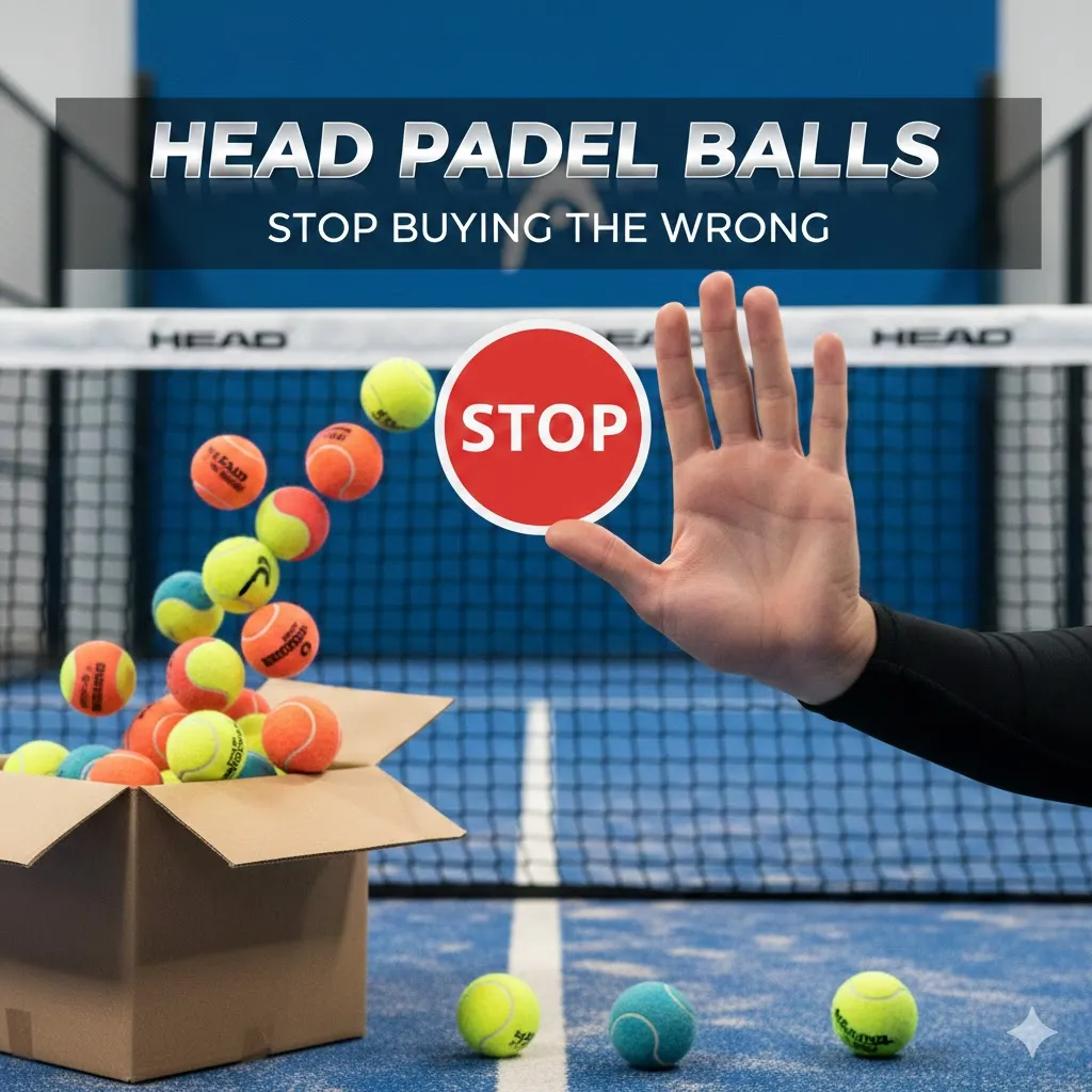 Hand holding a red stop sign in front of a padel net while a box of colorful HEAD padel balls spills onto the court, with the text “HEAD PADEL BALLS – STOP BUYING THE WRONG” displayed at the top.
