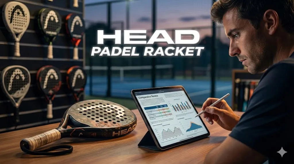 Close up of a Head padel racket lying on a wooden desk next to a reviewer analyzing technical specs and performance charts on a tablet