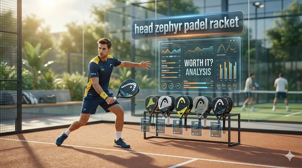 Head Zephyr Padel Racket performance review analysis displaying power and control charts on a UK padel court