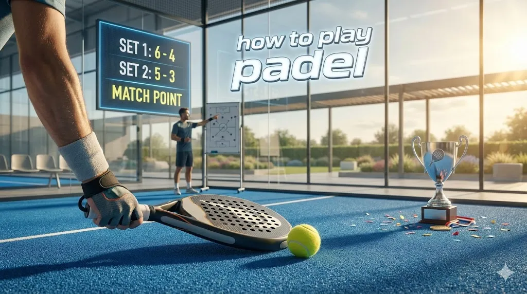 Player holding a racket on a blue court with a tactical whiteboard and scoreboard showing match point, illustrating how to play padel for beginners