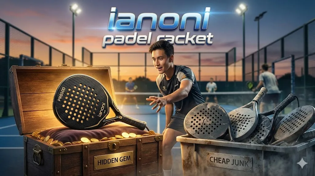 Ianoni padel racket PR8500 displayed as a hidden gem in a treasure chest next to a bin of low quality cheap junk rackets
