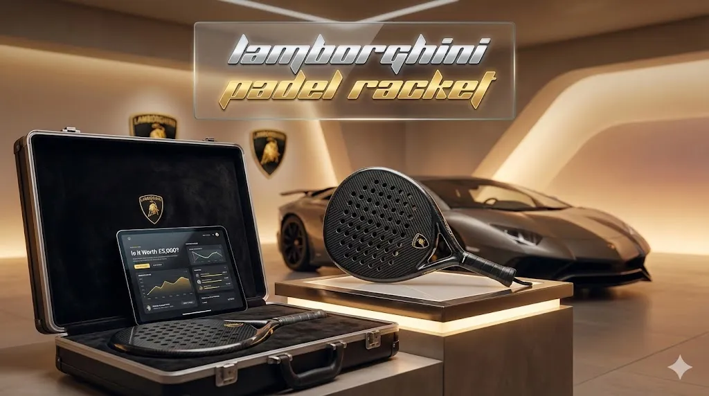 Exclusive carbon fibre Lamborghini Padel Racket BL001 displayed in a luxury collector case with price analysis