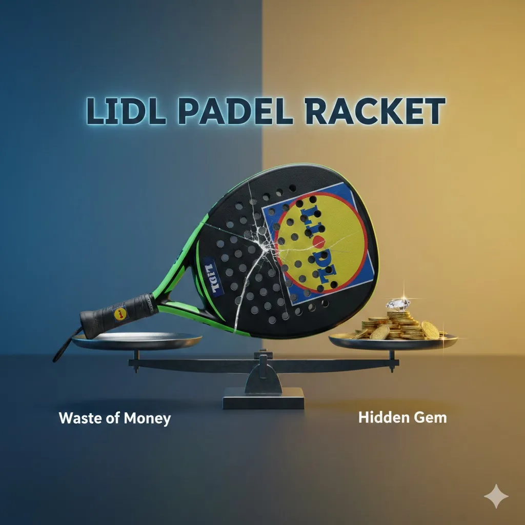 Conceptual image showing a cracked lidl padel racket on a weighing scale balancing the risk of being a waste of money against the potential of being a hidden gem for budget players