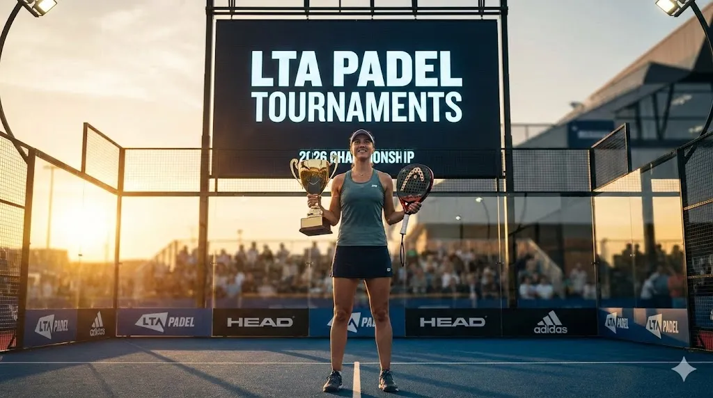 Female padel champion holding a winner trophy on the court during the LTA Padel Tournaments 2026 season championship match