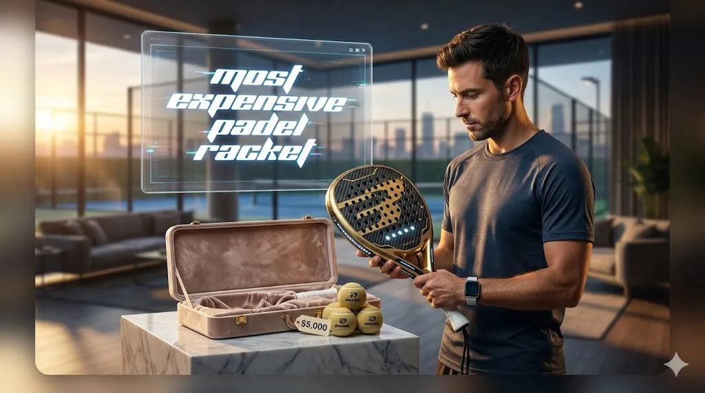 Man examining a luxury limited edition black and gold most expensive padel racket next to a premium velvet case