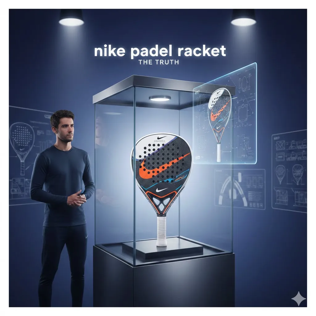 A man standing in front of an illuminated glass display case containing a futuristic nike padel racket, featuring digital engineering blueprints and a transparent holographic screen.