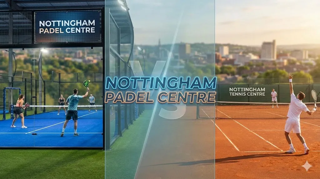 Comparison view showing the modern blue glass courts at Nottingham Padel Centre versus the traditional outdoor courts at Nottingham Tennis Centre
