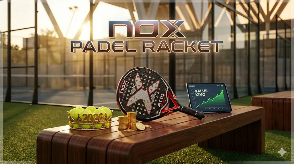 Nox padel racket 2026 model resting on a court bench next to a gold crown and a tablet displaying a value king chart