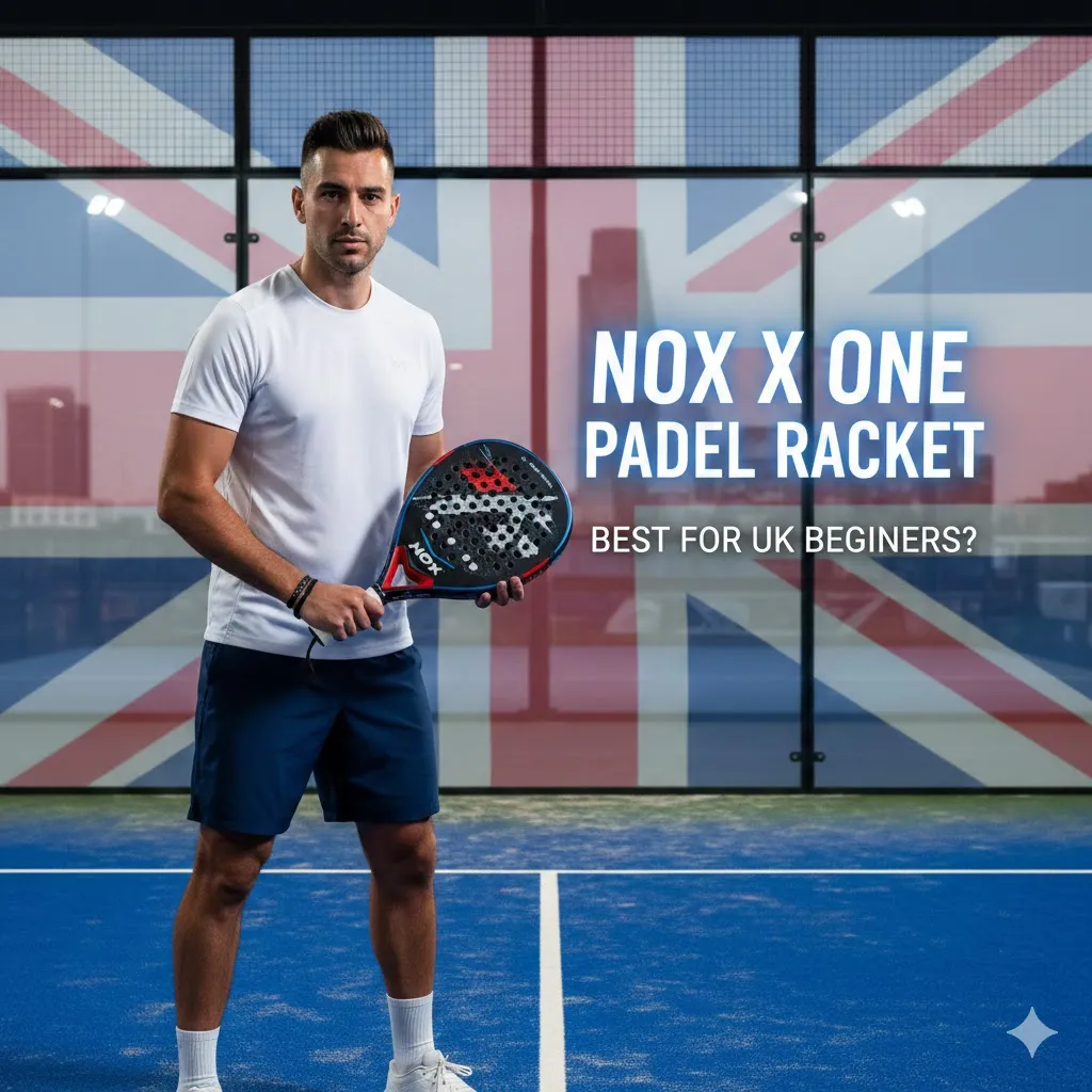 A male padel player holding a nox x one padel racket on a blue court with a UK flag in the background