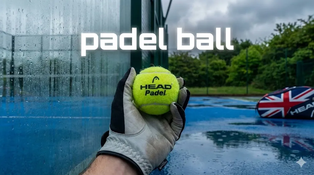 A close-up of a player's hand holding a yellow Head padel ball on a wet blue court, with a Union Jack racket bag in the background, illustrating the challenges of playing in rainy UK weather conditions.