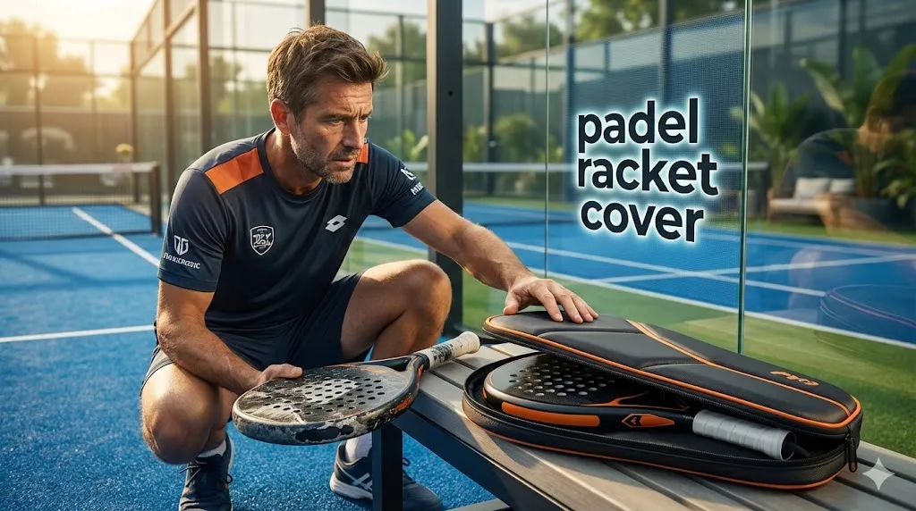 Male padel player on a blue court placing his bat into a protective thermal padel racket cover to prevent damage and wear