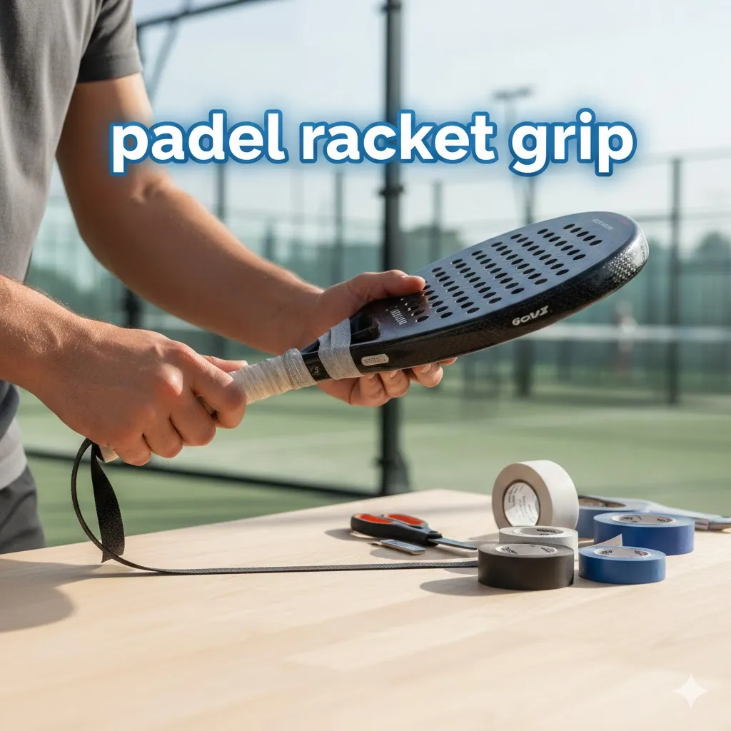 A person expertly applying a new padel racket grip tape to their racket handle on a table, illustrating the padel racket grip maintenance process.