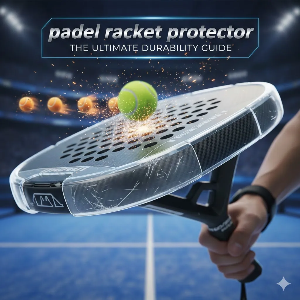 Padel racket protector on a carbon fibre frame showing scratch resistance and durability during a match, part of the ultimate durability guide for padel players.