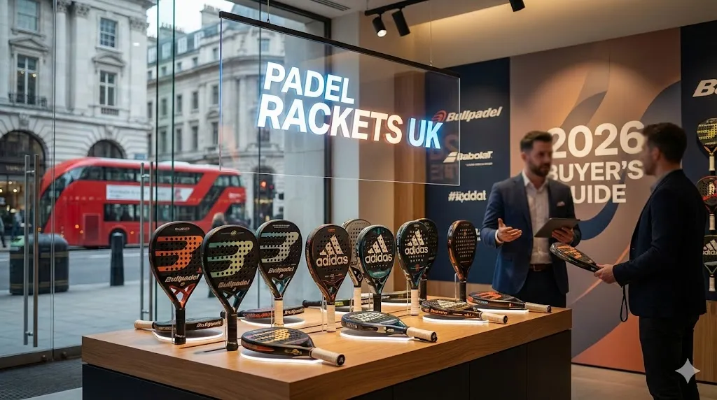 Modern padel store display featuring the best padel rackets UK collection for the 2026 buyer's guide with a London red bus in the background