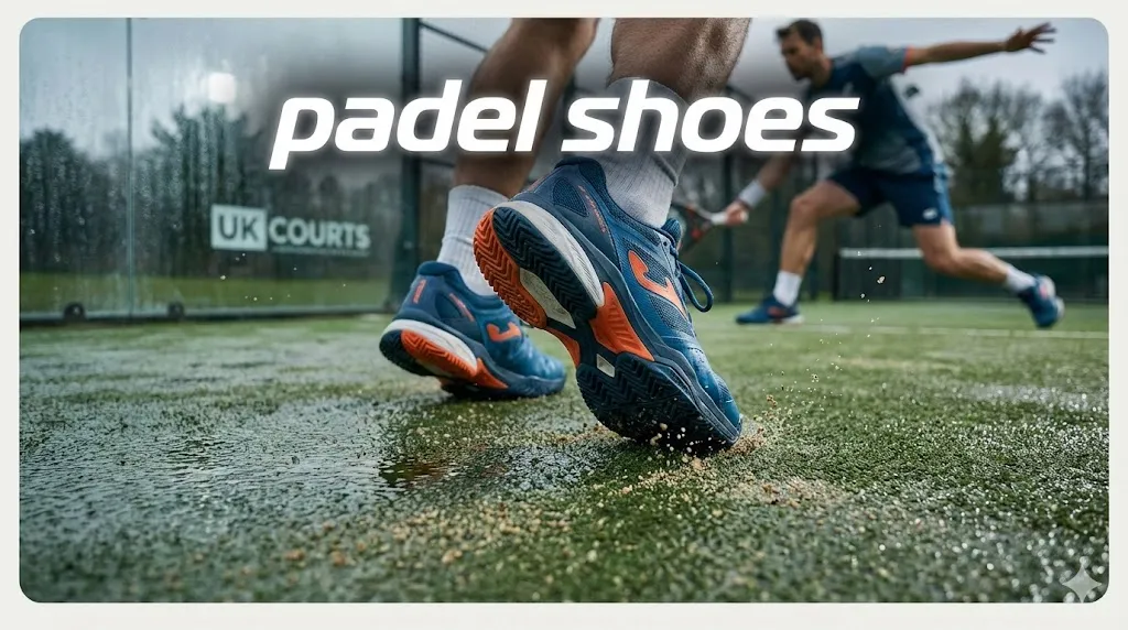 Close up of a player wearing padel shoes with herringbone grip on a wet artificial grass court in the UK to prevent slipping