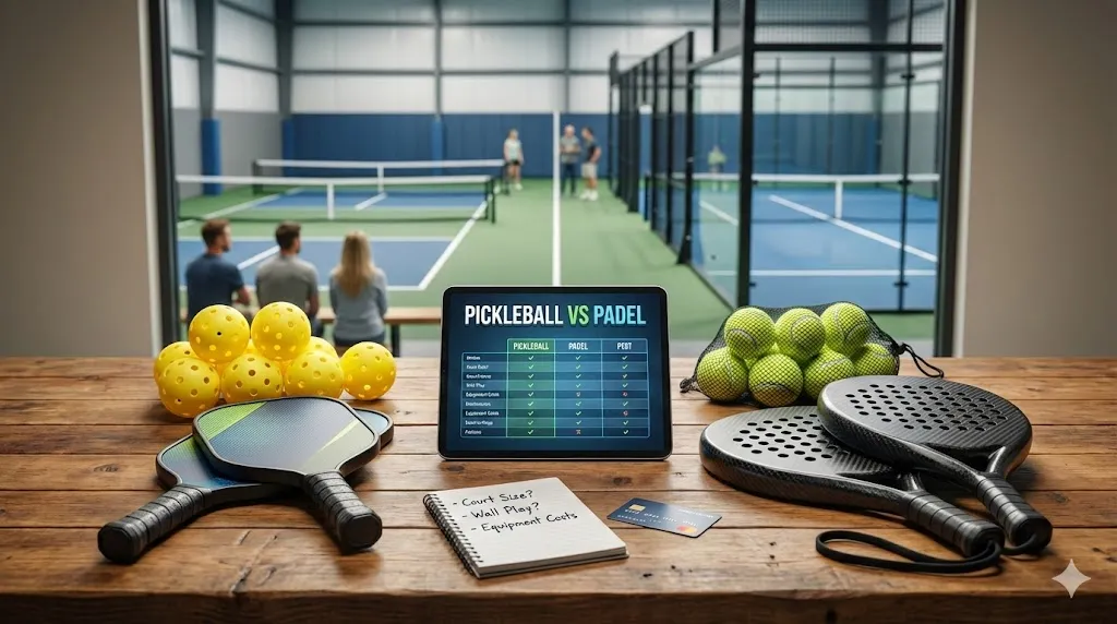 Retail store display comparing pickleball vs padel equipment side-by-side, showing perforated plastic balls and paddles versus thick padel rackets and pressurized balls, with a warning sign for beginners not to buy gear yet