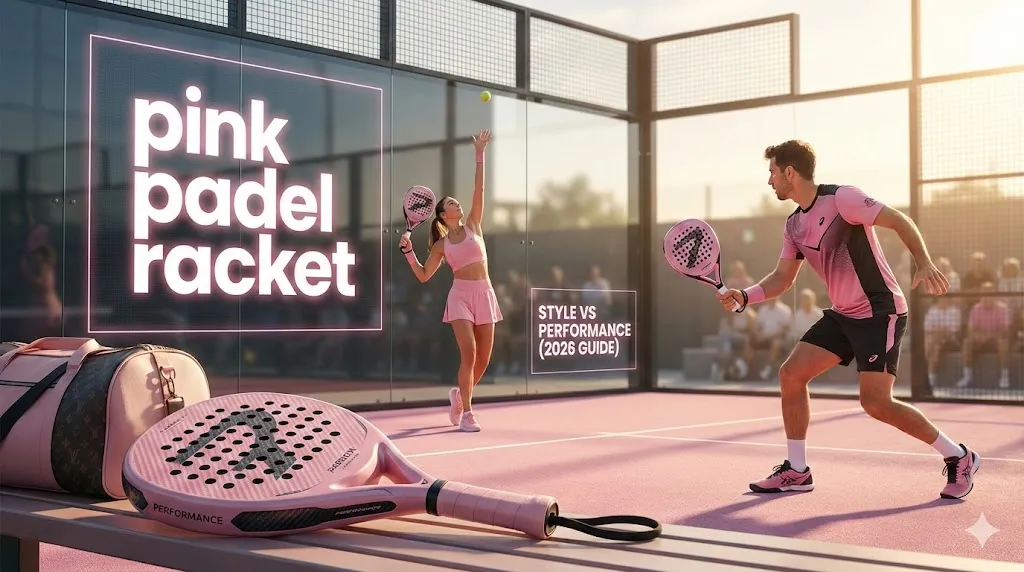 Male and female players using a high performance pink padel racket on court illustrating the style vs performance comparison for the 2026 guide