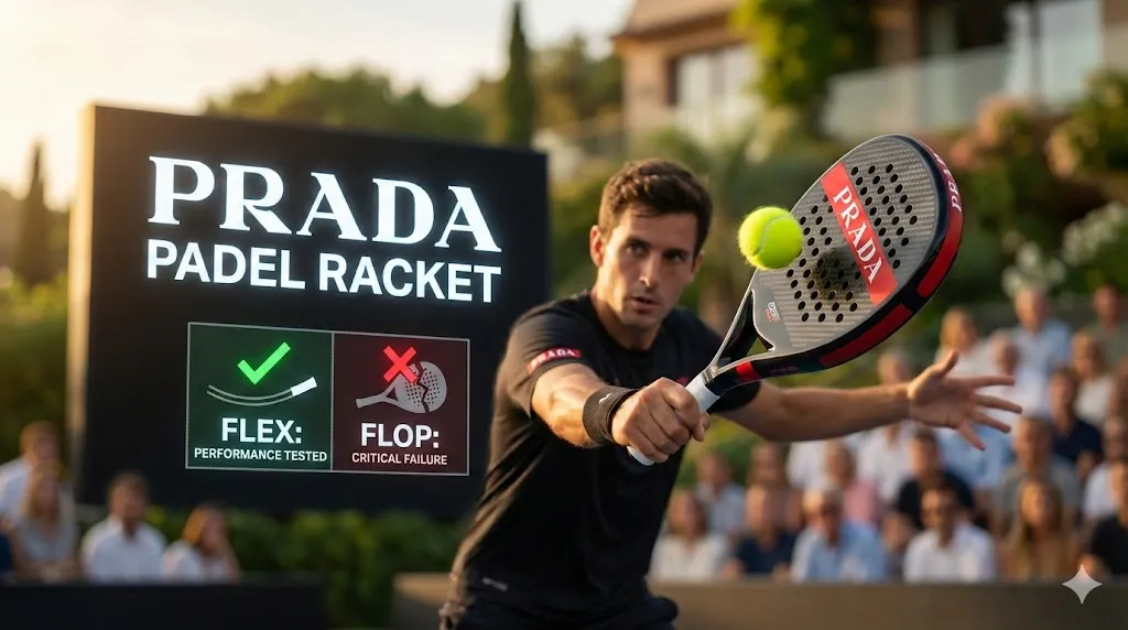 Player testing the Prada padel racket on court with a graphic comparing performance flex versus durability flop to determine if it is worth the price