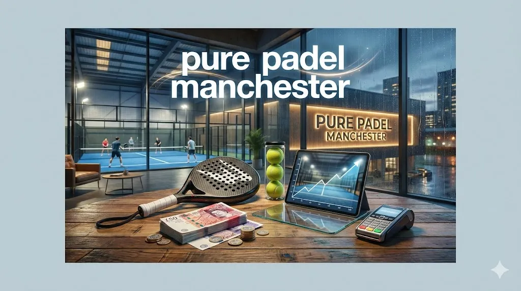Alt Text: Indoor courts and padel equipment at Pure Padel Manchester showing the warehouse facility and booking area