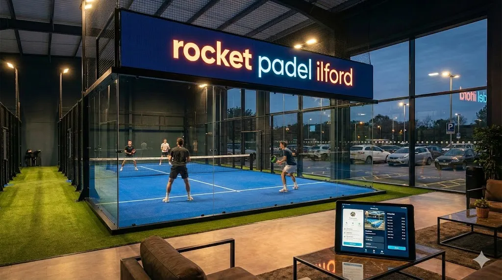 Modern indoor courts and lounge area at Rocket Padel Ilford overlooking the parking facility
