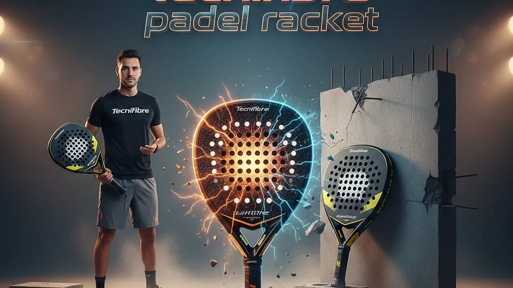 A professional athlete holding a Tecnifibre padel racket next to advanced carbon fibre models featuring X-TOP technology, showcasing power and precision for UK padel players.