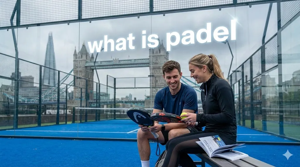 A smiling couple sitting on a blue court with London Tower Bridge in the background, illustrating what is padel for UK beginners