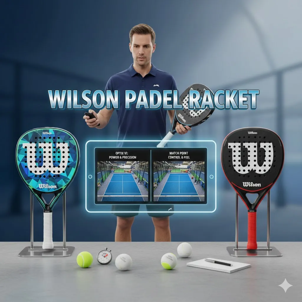 Professional comparison between Wilson Optix V1 and Wilson Match Point Elite padel racket showing technical specs and court performance.